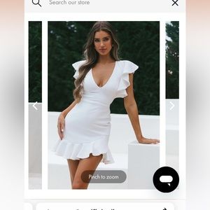 Selfie Leslie’s “CUPID'S BOW V-NECKLINE RUFFLE SHOULDER BODYCON DRESS WHITE”